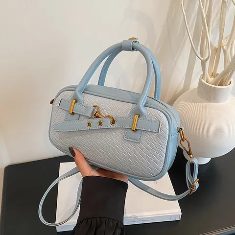 Vintage Woven Texture PU Leather Bowling Bag For Women Fashion Solid Color Handbag With Adjustable Strap Gold Hardware Crossbody Bag Elegant Lady Shoulder Bag
