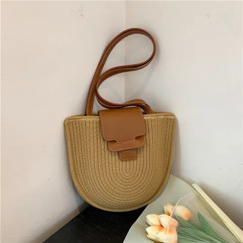 Damen Stroh Gewebt Schultertasche Böhmisch Strand Tote Bag Mit PU Leder Cover Kordelzug Casual Shopping Handtasche Sommer Urlaub