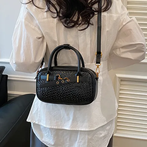 Vintage Woven Texture PU Leather Bowling Bag For Women Fashion Solid Color Handbag With Adjustable Strap Gold Hardware Crossbody Bag Elegant Lady Shoulder Bag