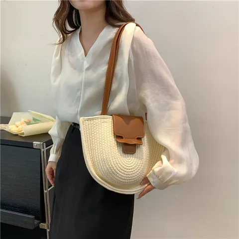 Damen Stroh Gewebt Schultertasche Böhmisch Strand Tote Bag Mit PU Leder Cover Kordelzug Casual Shopping Handtasche Sommer Urlaub
