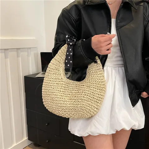 Damen Stroh Webart Achseltasche Sommer Strand Handtasche Mit Polka Dot Seidenschal Schleife Trendy Lässige Hobo Schultertasche