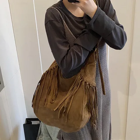 Bohemian Vintage Suede Tassel Hobo Bag For Women Brown Large Capacity Casual Single Shoulder Crossbody Bag Adjustable Strap