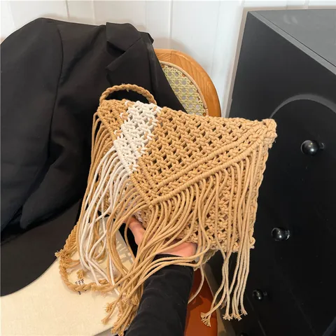 Boheemse Handgeweven Katoenen Touw Macrame Franje Schoudertas Kleurblok Crossbody Strandtas Voor Dames Vakantie Accessoires