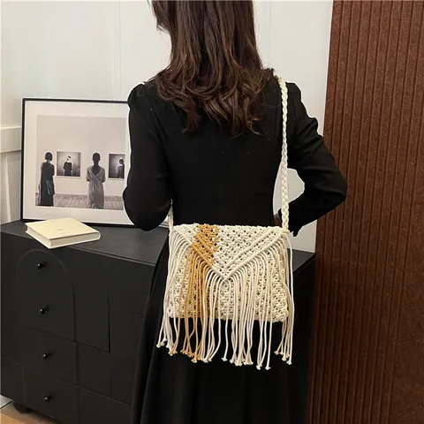 Boheemse Handgeweven Katoenen Touw Macrame Franje Schoudertas Kleurblok Crossbody Strandtas Voor Dames Vakantie Accessoires