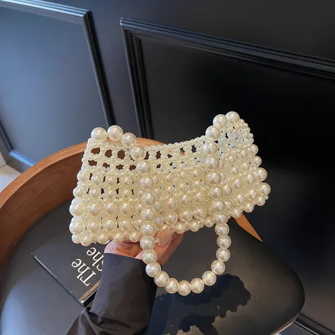 Borsa Porta Cellulare da Donna in Künstliche Perle Intrecciate a Mano Elegante Borsa a Tracolla Sottoascella Bianca Crema per Feste