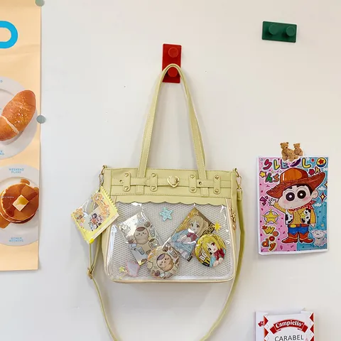 Women Clear PVC Window Ita Bag PU Leather Heart Rivet Tote Bag For Badges Pins Display Shoulder Handbag Daily School Shopping Bag