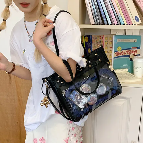 Women Clear PVC Window Ita Bag PU Leather Heart Rivet Tote Bag For Badges Pins Display Shoulder Handbag Daily School Shopping Bag