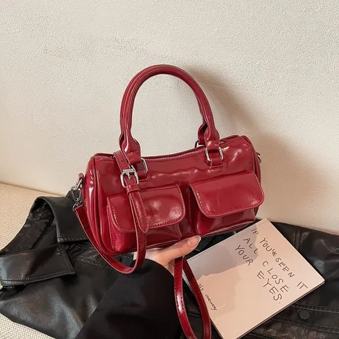 Damen Vintage Glänzend Lackleder Boston Tasche Doppel Vordertaschen Retro Handtasche Umhängetasche Mit Verstellbarem Schultergurt