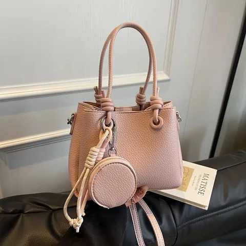 Women Fashion Lychee Pattern PU Leather Bucket Bag With Knot Handle Detachable Mini Purse Shoulder Crossbody Handbag Daily Bag
