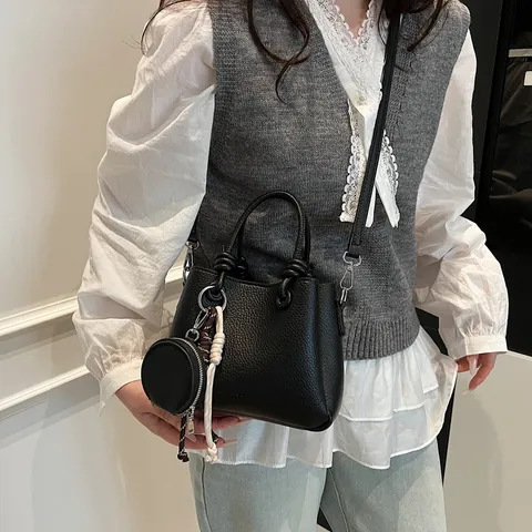 Women Fashion Lychee Pattern PU Leather Bucket Bag With Knot Handle Detachable Mini Purse Shoulder Crossbody Handbag Daily Bag