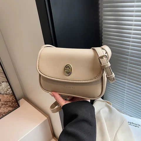 Vintage PU Leather Small Square Crossbody Bag For Women Minimalist Shoulder Bag With Gold Twist Lock Commuter Handbag