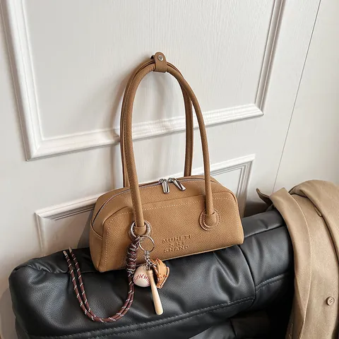 Women Retro PU Leather Bowling Bag Litchi Texture Solid Color Stitched Underarm Shoulder Bag With Baseball Pendant