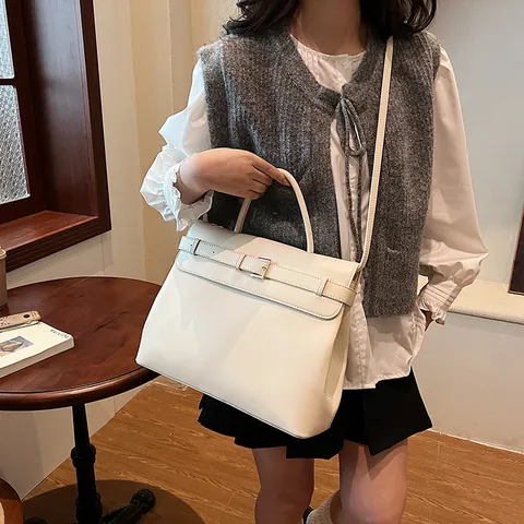 Bolso de Mano para Mujer de Cuero PU de Gran Capacidad de Color Sólido Maletín Vintage Moda Conmutador Hombro Bandolera Minimalista Oficina Bolso