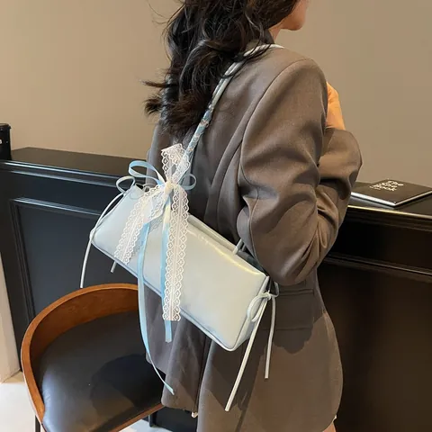 Damen Mode PU Leder Achseltasche Mit Spitze Schleife Dekor Koreanischer Stil Kleine Rechteckige Umhängetasche Süße Alltagshandtasche
