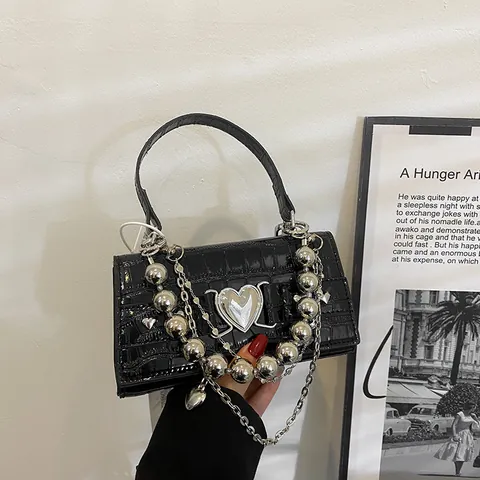 Women's Crocodile Pattern PU Leather Crossbody Bag Silver Heart Buckle Metal Beaded Chain Mini Handbag Shoulder Bag Y2K Style