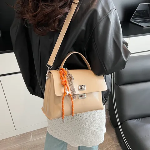 Minimalist Women PU Leather Crossbody Bag Solid Color Flip Flap Handbag With Orange Rope Charm Adjustable Strap Commuter Shoulder Bag