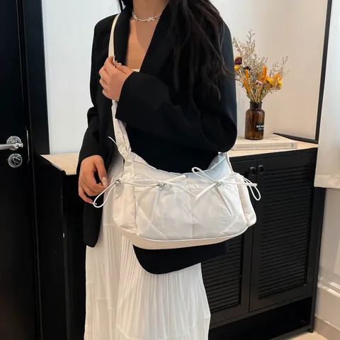 Large Capacity Women Nylon Shoulder Bag With Bow Drawstring Decor Minimalist Crossbody Underarm Bag For Daily Commuting