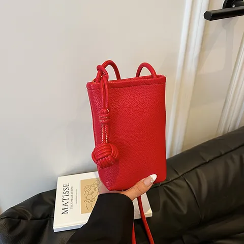 Bolso Bandolera Minimalista de Cuero PU para Mujer con Patrón de Lichi Mini Bolsa de Teléfono Vertical con Decoración de Nudo