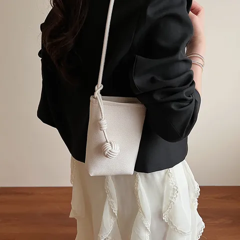Bolso Bandolera Minimalista de Cuero PU para Mujer con Patrón de Lichi Mini Bolsa de Teléfono Vertical con Decoración de Nudo