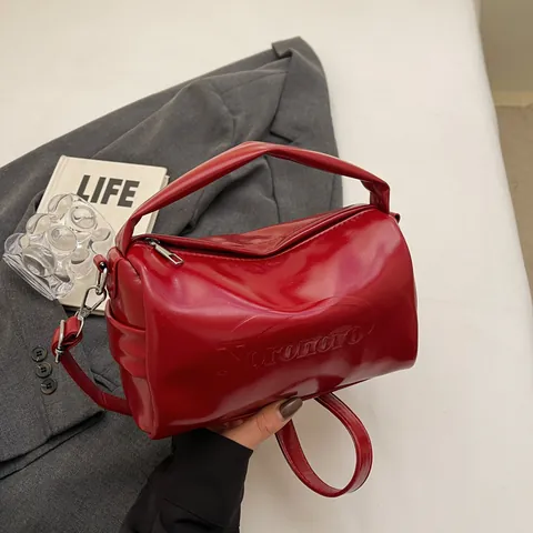 Damen Mode Glänzend PU Lackleder Boston Tasche Minimalistisch Zylinder Unterarmtasche Mit Abnehmbarem Schultergurt Koreanischer Stil Handtasche