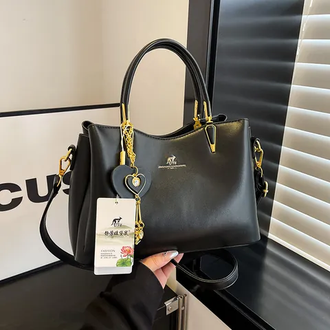 Women Fashion PU Leather Tote Bag Contrast Color Handbag Large Capacity Shoulder Crossbody Bag With Heart Pendant