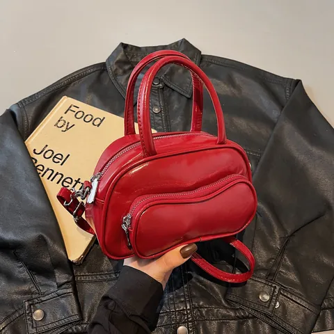 Damen PU Leder Umhängetasche Chic Einfarbig Handtasche Vintage Bowling Unterarm Schultertasche Wellenförmige Reißverschlusstasche