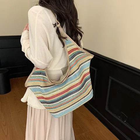 Bohemian Bunte Gestreifte Stroh Tragetasche Für Damen Große Kapazität Sommer Strand Urlaub Schultertasche Mit Magnetverschluss