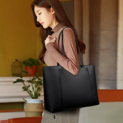 Damen Große Kapazität PU Leder Tote Bag Mode Pendeln Schultertasche Mit Metallstange Und Känguru Logo Retro Casual Täglich Handtasche