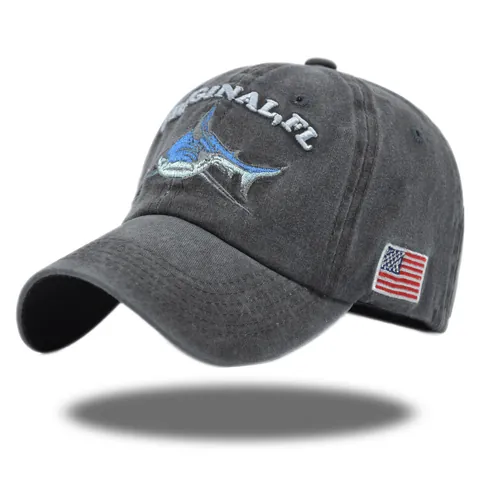 Vintage Washed Cotton Baseball Cap Shark Embroidery US Flag Patch Adjustable Soft Top Distressed Sun Hat For Men Women