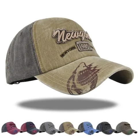 Casquette de Baseball en Coton Lavé Vintage Broderie New York Motif Requin Chapeau de Soleil Réglable Accessoire Hip Hop