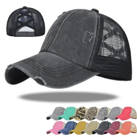 Damen Criss Cross Pferdeschwanz Distressed Trucker Hat Gewaschene Baumwolle Mesh High Bun Verstellbare Baseballkappe Outdoor Sonnenhut