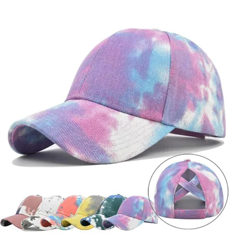 Γυναικείο Βαμβακερό Καπέλο Μπέιζμπολ Tie Dye με Χιαστί Άνοιγμα για Αλογοουρά Ρυθμιζόμενο Καπέλο με Φθορές για Υπαίθρια Σπορ