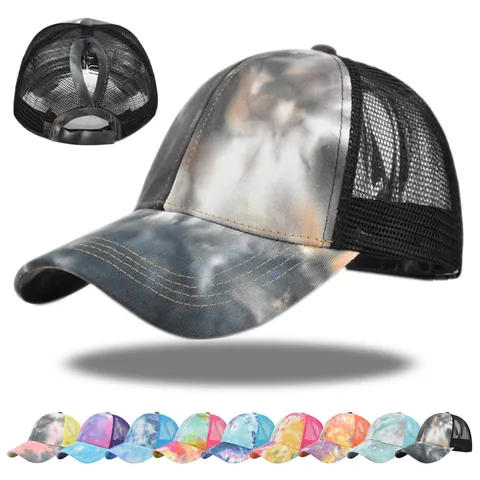 Damen Batik Pferdeschwanz Baseballkappe Netz High Bun Trucker Hat Atmungsaktiv Verstellbar Outdoor Sonnenhut Lässig Sportlich