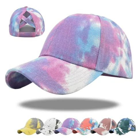 Γυναικείο Καπέλο Μπέιζμπολ Tie-Dye Με Τρύπα Για Αλογοουρά Χιαστί Βαμβακερό Αναπνεύσιμο Ρυθμιζόμενο Καπέλο Ήλιου Μπέιζμπολ