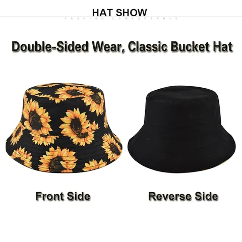 Sunflower Print Reversible Cotton Bucket Hat Sun Protection Beach Vacation Basin Hat For Women Men Washed Foldable Fisherman Hat