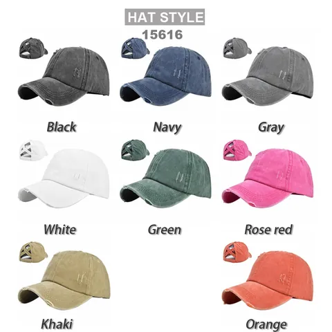 Women Distressed Washed Cotton Ponytail Baseball Cap Cross Band Back Adjustable Vintage Solid Color Sun Hat For Girls