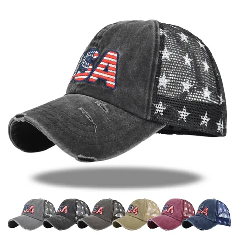 Retro Distressed Baumwoll Mesh Baseballkappe USA Stickerei Amerikanische Flagge Verstellbar Trucker Hat Für Herren Damen