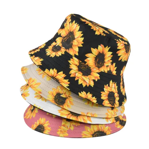 Sunflower Print Reversible Cotton Bucket Hat Sun Protection Beach Vacation Basin Hat For Women Men Washed Foldable Fisherman Hat