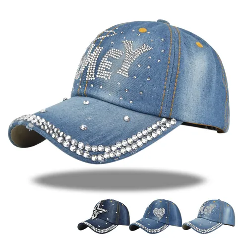 Gorra de Béisbol de Mezclilla con Strass Mujer Hombre Lavado Ajustable Sombrero de Sol Corazón Estrella Letra Accesorios