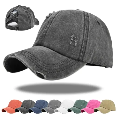 Women Distressed Washed Cotton Ponytail Baseball Cap Cross Band Back Adjustable Vintage Solid Color Sun Hat For Girls