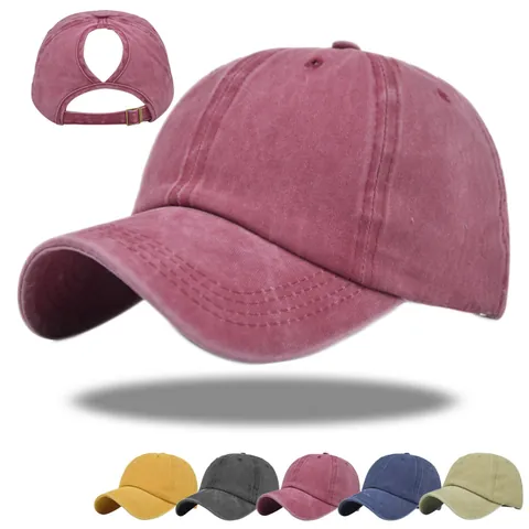Casquette de Baseball en Coton Lavé pour Femmes Queue de Cheval Vintage Criss Cross Messy Bun Chapeau Distressed Ajustable