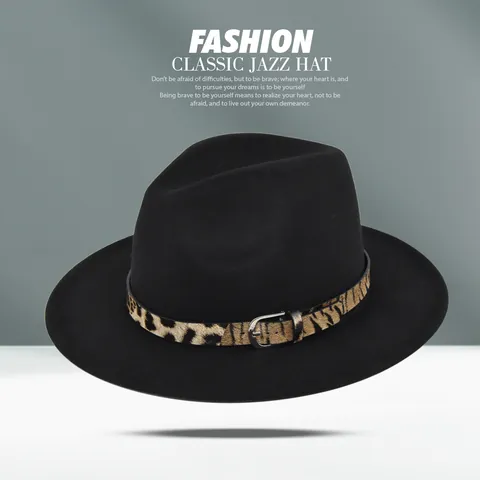 Cappello Fedora Classico in Lana Tesa Larga Cappello Jazz Con Cintura Leopardata Fibbia in Metallo Cappello Panama Retro Per Uomo Donna