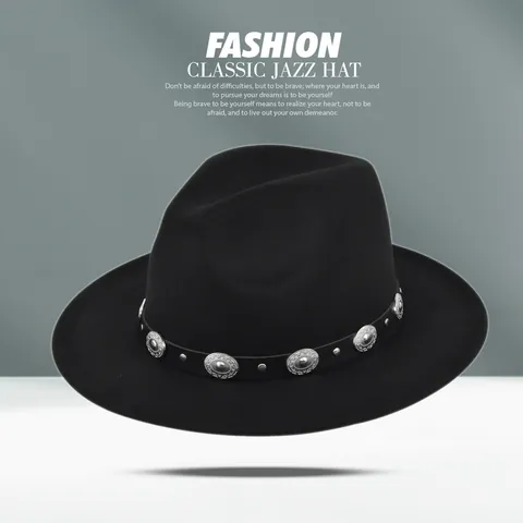Vintage Woolen Fedora Hat For Men Women Solid Color Felt Jazz Hat With Metal Leather Belt Retro Western Cowboy Wide Brim Hat
