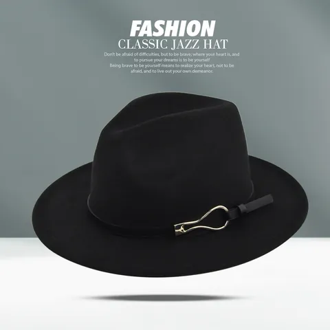 Vintage Wide Brim Fedora Hat For Men Women Solid Color Felt Jazz Hat With Metal Buckle Decorative Strap Elegant Hat