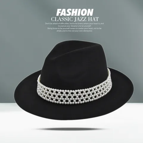 Women Men Vintage Fedora Hat With Pearl Mesh Band Wide Brim Solid Color Wool Felt Jazz Hat Elegant Fashion Party Dress Hat