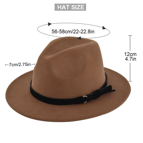 Vintage Fedora Jazz Hat Unisex Cotton Polyester Blend Wide Brim Panama Hat with Belt Buckle Solid Color Warm Winter Hat