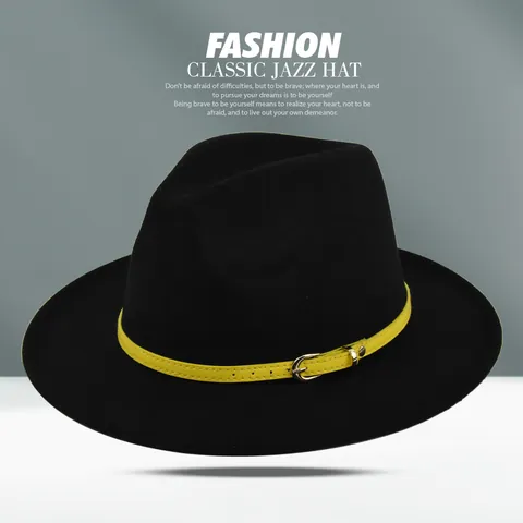 Vintage Unisex Woolen Felt Fedora Hat Wide Brim Jazz Hat With Yellow Leather Belt Buckle For Men Women Fashion Hat