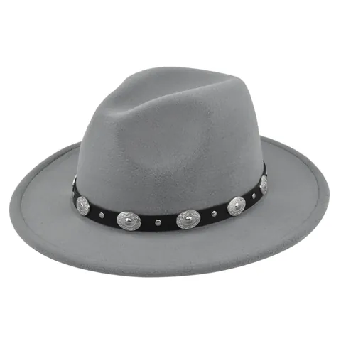 Vintage Woolen Fedora Hat For Men Women Solid Color Felt Jazz Hat With Metal Leather Belt Retro Western Cowboy Wide Brim Hat