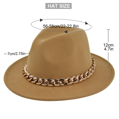 Cappello Fedora in Feltro di Lana Vintage per Uomo Donna Decorazione a Catena d'Oro Grande Tesa Larga Jazz Hat Festa Matrimonio Accessorio Moda
