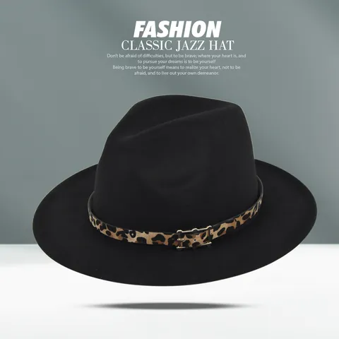 Sombrero Fedora Clásico de Ala Ancha para Hombre y Mujer Moda de Fieltro de Lana Jazz Con Cinturón de Leopardo Hebilla Dorada